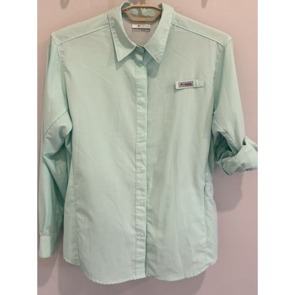 Columbia PFG Omni Shade Sun Protection Long Roll Tab Sleeve Aqua Shirt XL